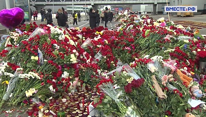 Люди продолжают нести цветы, игрушки и свечи к месту теракта в Подмосковье