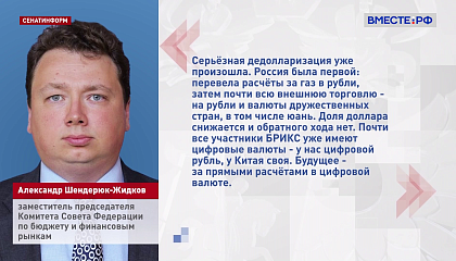 Сенатор Шендерюк-Жидков заявил о серьезном снижении роли доллара в мире